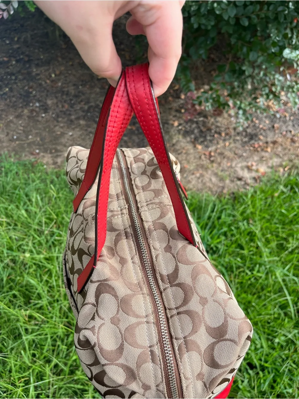 Coach Beige Signature Canvas and Red Leather Drawstring Shoulder Bag